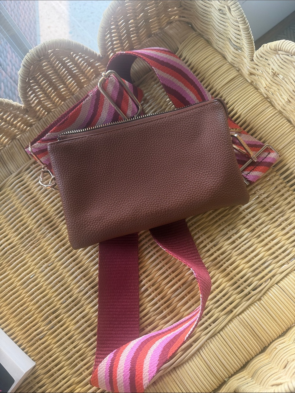 Brown Pebbled Leather Crossbody Bag with Striped Adjustable Strap